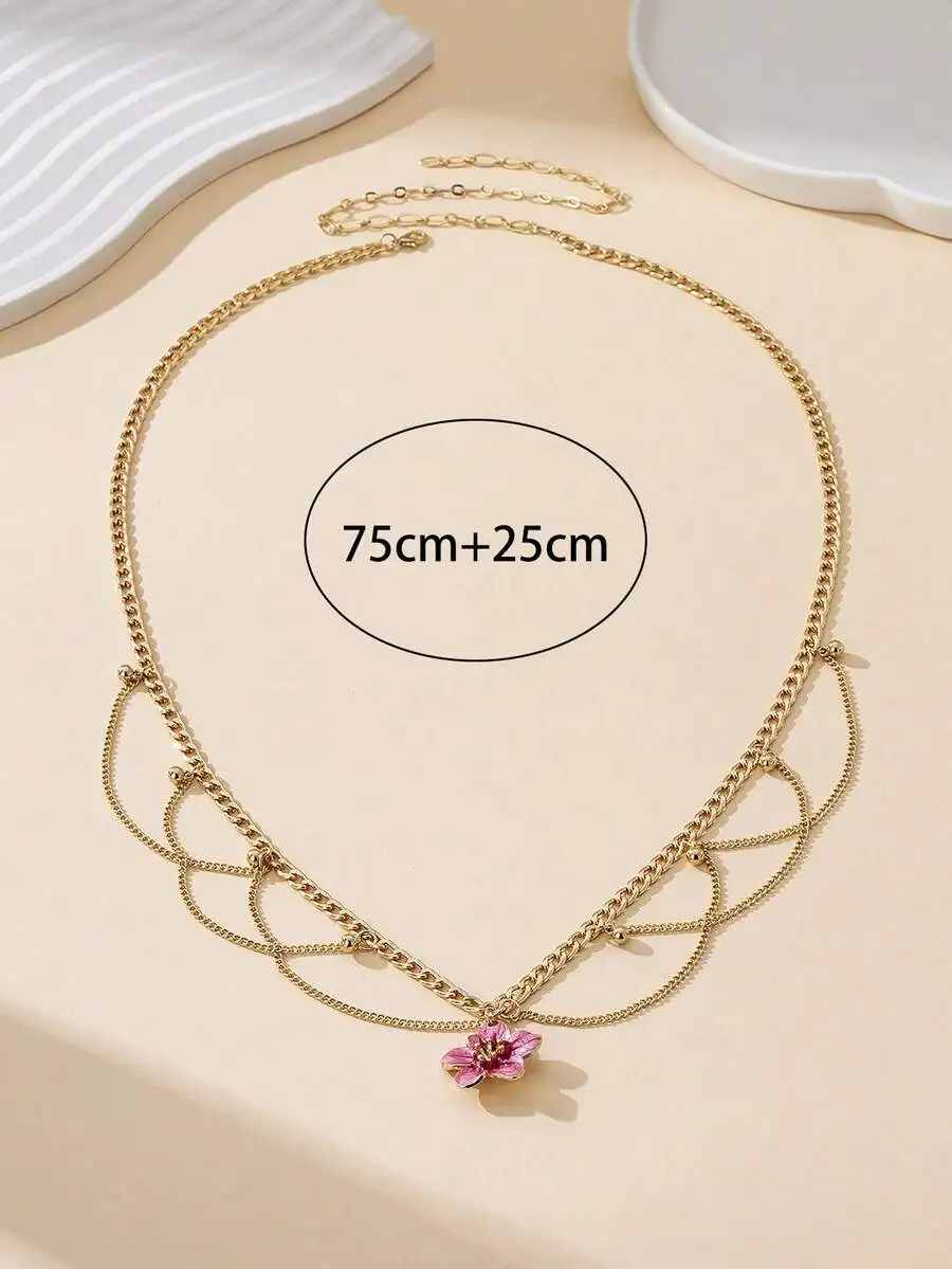 

Elegant Summer Beach Style Chain Waist Belt With Pink Flower Pendant For Women