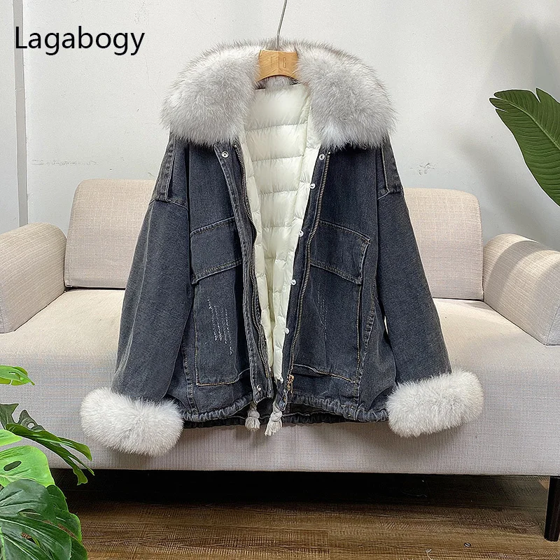 

New Winter Women Demin Jacket Liner 2023 Detachable 90% White Duck Down Coat Thick Warm Loose Parka Real Fox Fur Collar