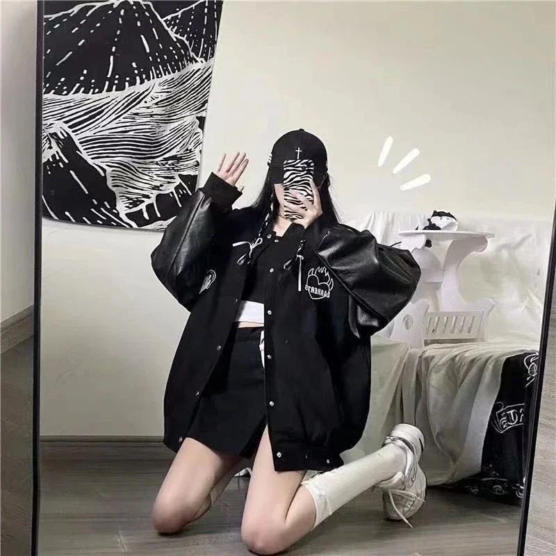 MEXZT-abrigo negro Harajuku para mujer, chaquetas Bomber de retales, ropa de calle Bf, chaqueta de béisbol informal de gran tamaño con estampado de