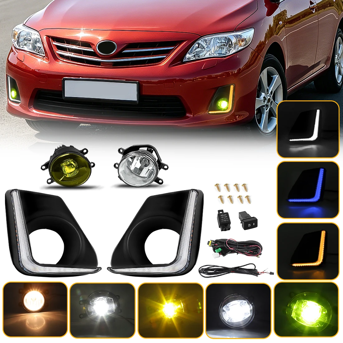 LED DRL Fog Lamp Kit For Toyota Corolla 2011 2012 2013 Front Daytime Running Light Turn Signal Fog Driving Lamp 3 Colors DRL 12V