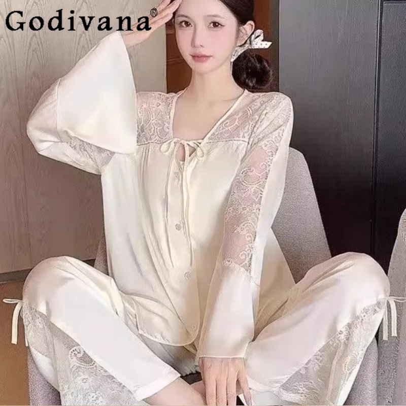 

Large Size Women Spring Autumn French Lace Hollow Pajamas Fashion Loose Versatile Age Reduction Comfortable Loungewear Sets
