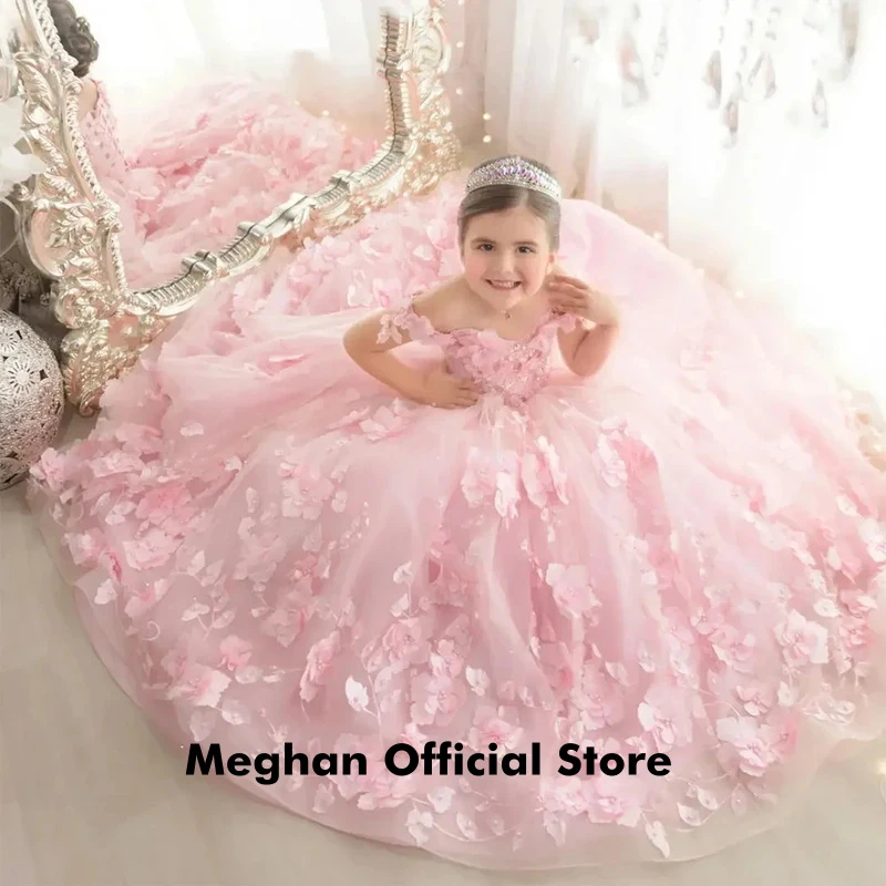 

Pink 3d Applique Flower Girl Dress For Wedding Off Shoulder Luxurious Pearls Tulle Child First Eucharistic Birthday Party Dress