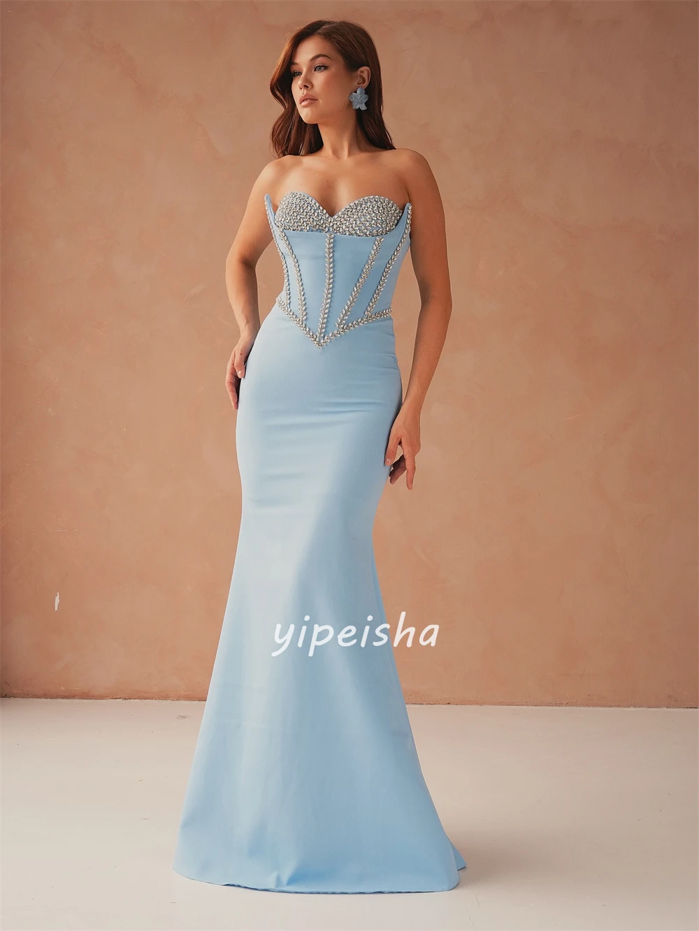 Customized High Quality Matching Jersey Rhinestone Pleat Mermaid Strapless Long Dresses Bespoke Occasion Dresses Sizes Available