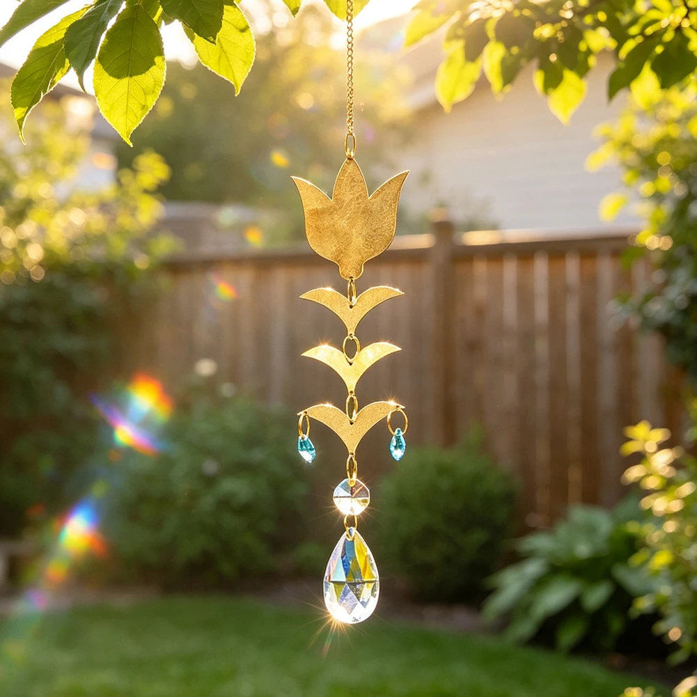 Tulpenförmiger Metall-Kristall-Sonnenfänger Regenbogen-Prisma Hängende Dekoration Fenster-Lichtfänger Anhänger Heim Garten Wanddekoration Geschenk – Detail 1