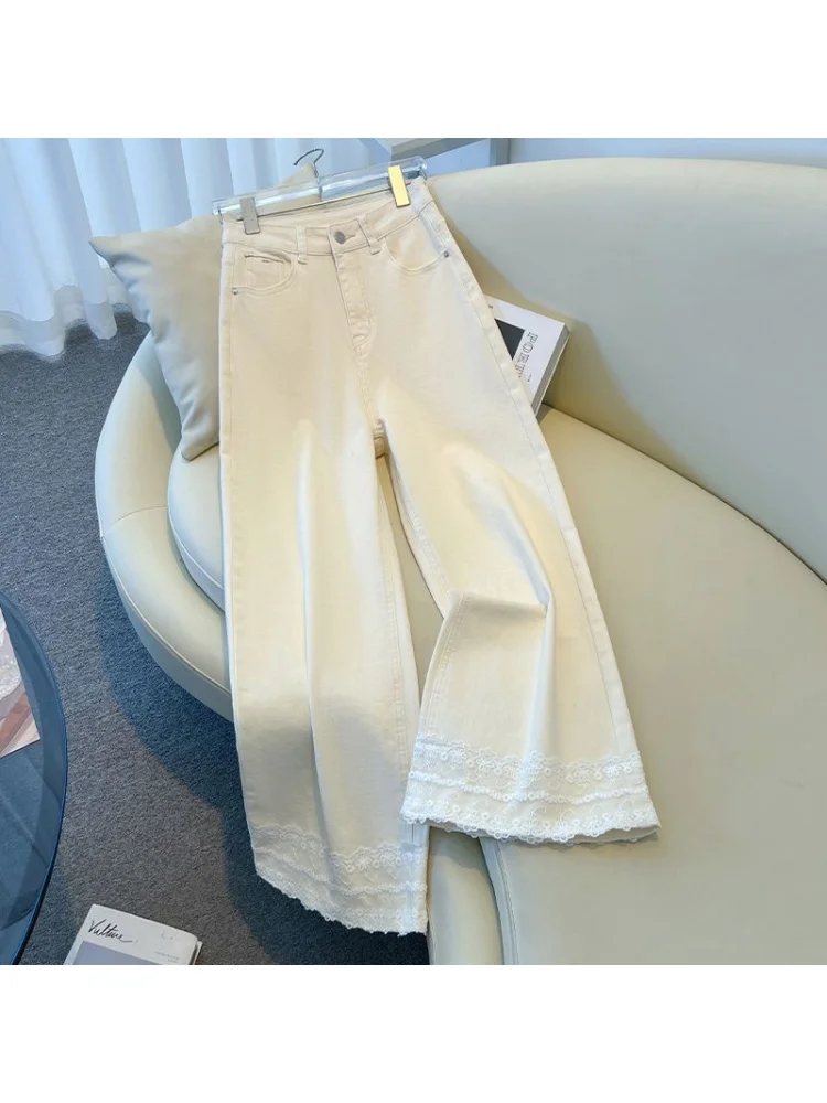 2026 nuove donne bianche a vita alta jeans a gamba larga pizzo trim pantaloni in denim vestibilità ampia primavera estate moda casual pantaloni dimagranti