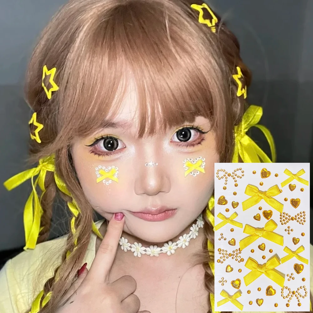 5D الشريط القوس والقلب حجر الراين ملصقات الوجه الوردي/الأحمر تألق فراشة جوهرة لعيد الميلاد عطلة حزب ماكياج ملصقات ديكور لتزيين الغرف