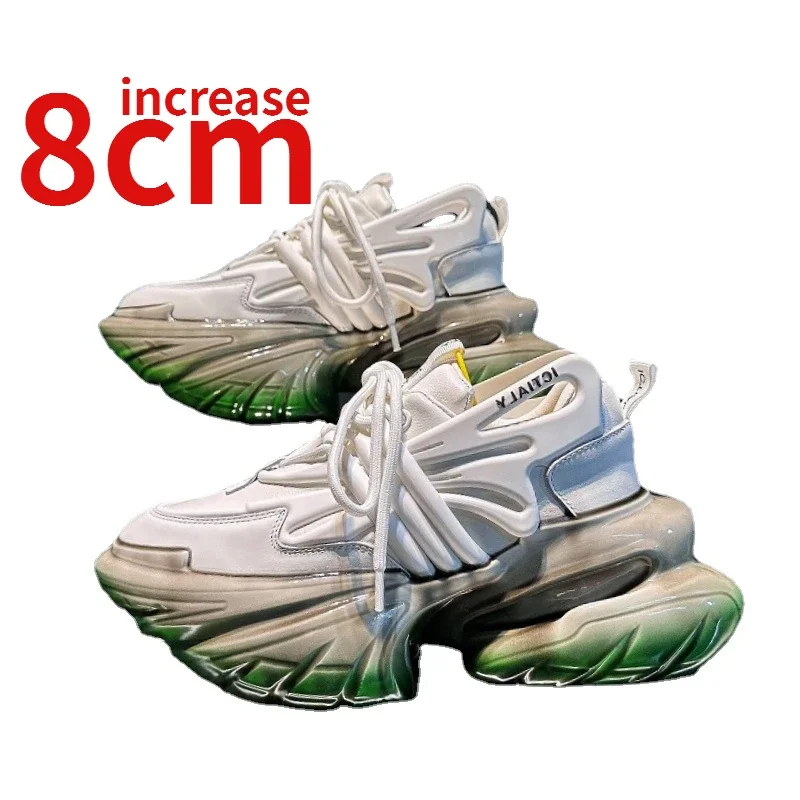 Original Gel Design Increase 8cm Dad's Shoes for Women Genuine Leather Spaceship White Shoes Elevated Sports Casual Shoes