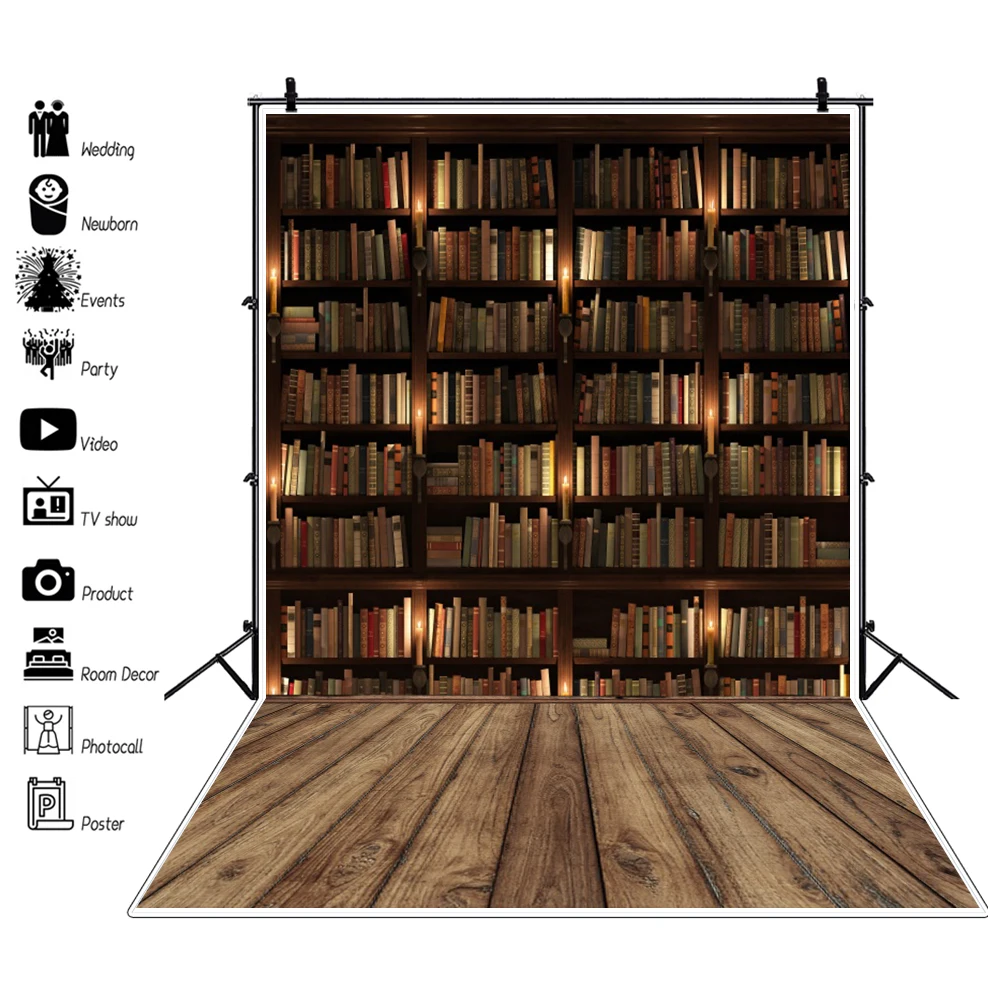 Vintage Bookshelf Backdrop Wooden Bookcase Books Library Children Back to School Baby Birthday Portrait Photography Background