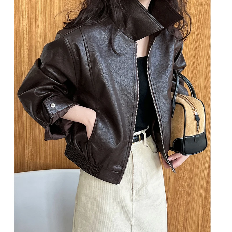 2024 Women Autumn Pu Leather Turn Down Collar Zippers Jacket Coat Fashion Women Classic Jacket Femme Streetwear Tops Clothes