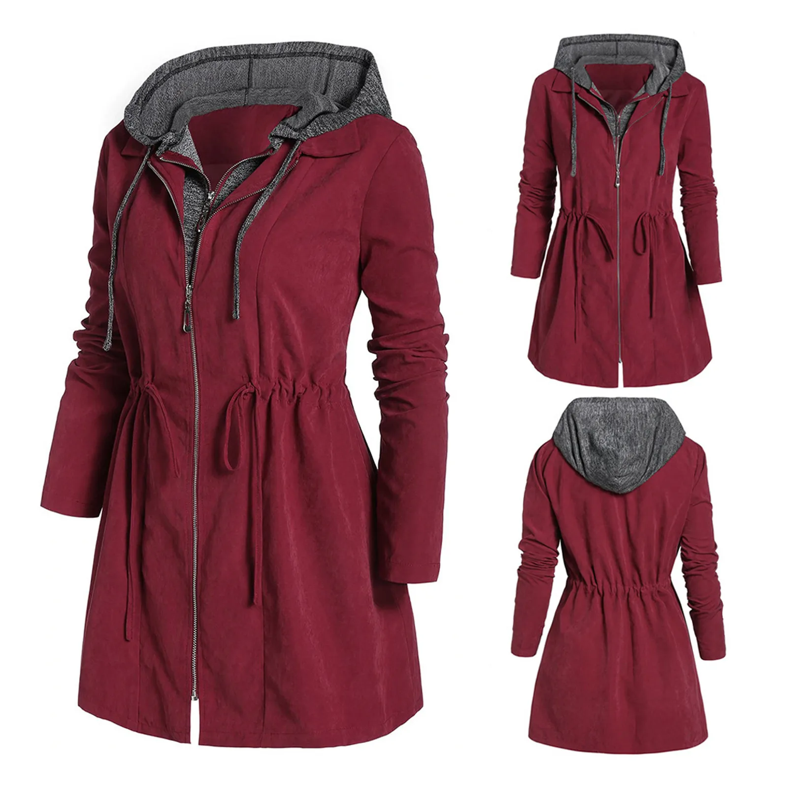 Women Fashion Windbreaker Winter Plus Size Drawstring Hooded Mid-Length With Pocket Clothing Jacket Hoodie Waterproof