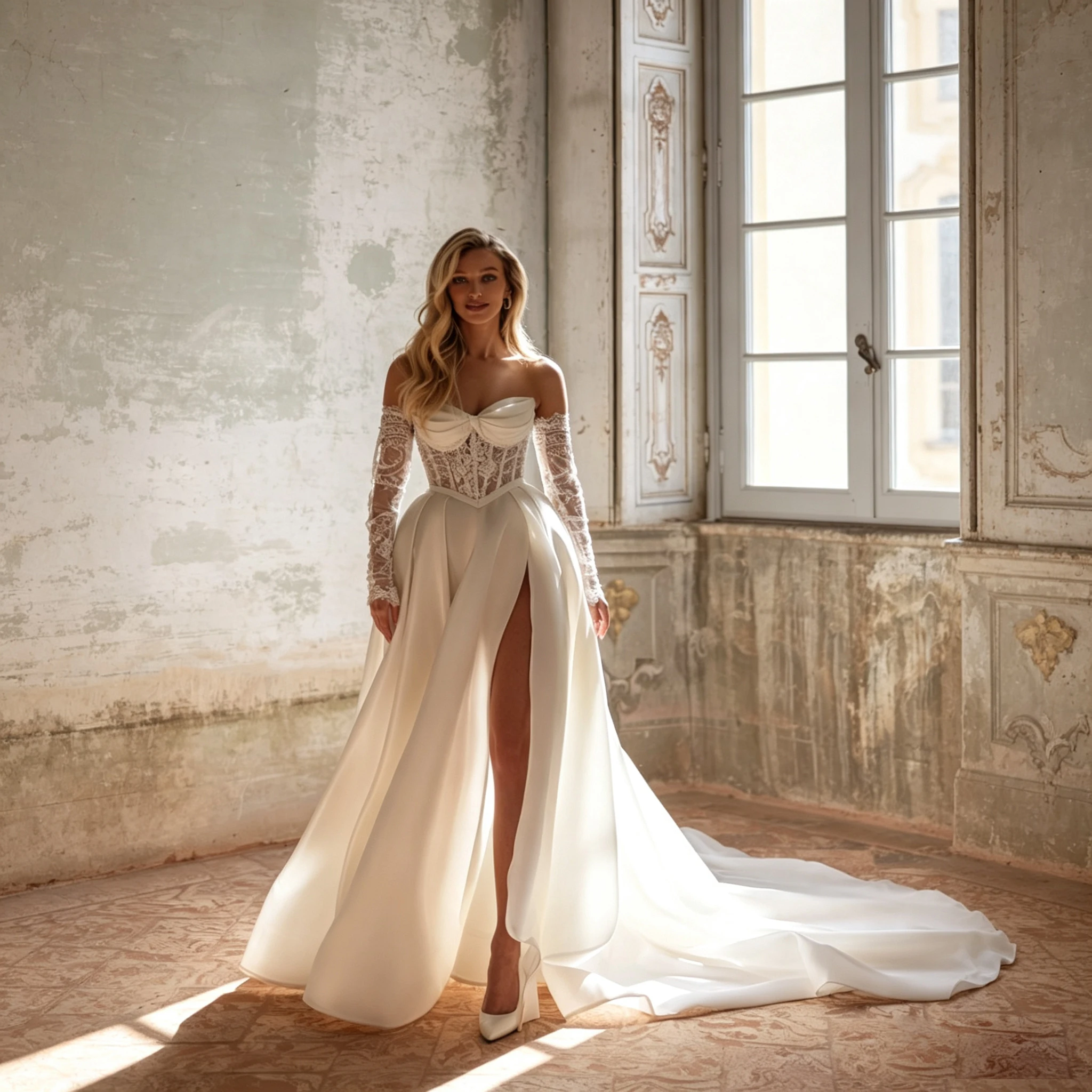 Damen Sweetheart Korsett Hochzeitskleid mit Spitze, langen Ärmeln, Satin, A-Linie, hohem Schlitz und Schleppe für Abschlussball und Abendpartys