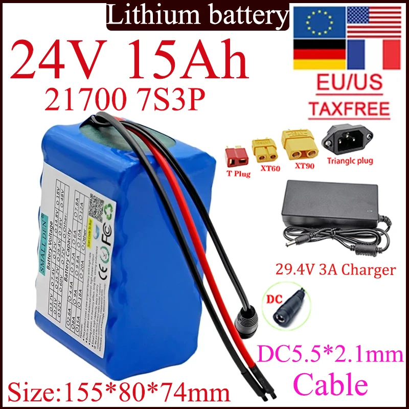 

24V 15Ah 21700 7S3P Lithium battery pack High Power Built-in 15A BMS for 0-500W high quality Outdoor portable battery+charger