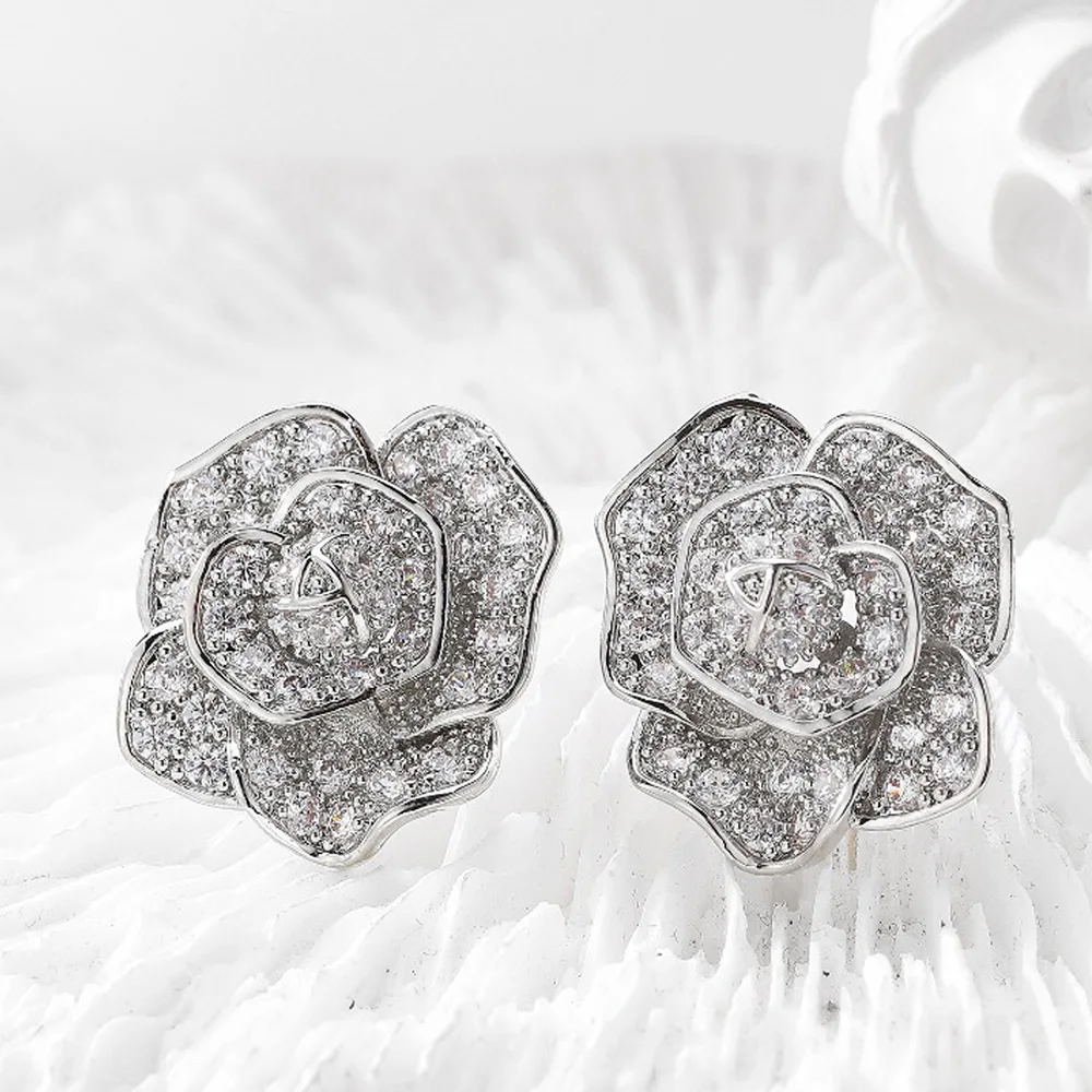 Missvikki New Luxury Romantic Bloom Flower Earrings Full Elegant Shiny Cubic Zirconia for Women Bridal Wedding Party Jewelry