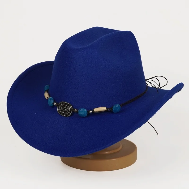 Trendy Western-style cowboy hats, popular in Europe America, with rolled edges and made of woolen fabric; suitable for trave
