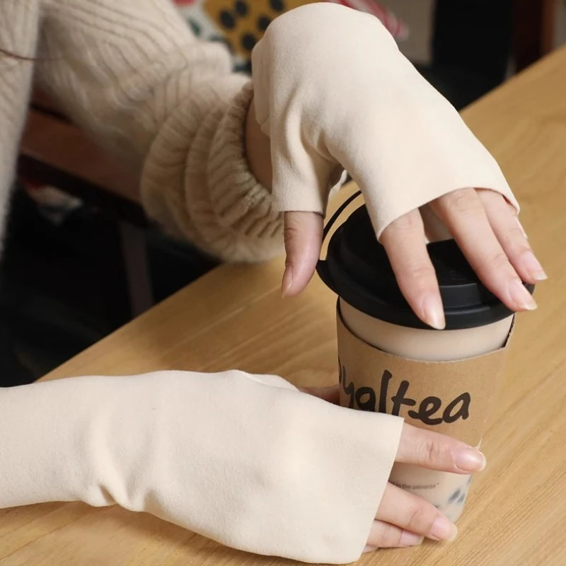 Women Velvet Fingerless Gloves Winter Warm Fleece-Lined Work Half-finger Hand Gloves Artistic Retro Style Solid Color Mittens