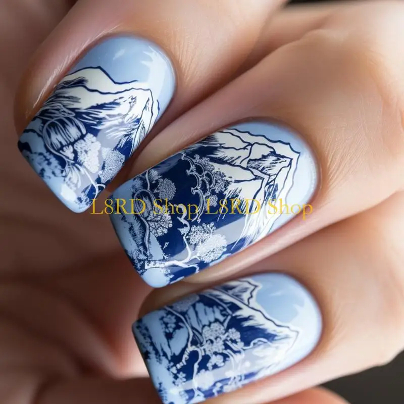 L8RD 24 قطعة اضغط على الأظافر الصناعية ذات الألوان المائية الصينية لفافات الأظافر لعشاق الموضة #2
