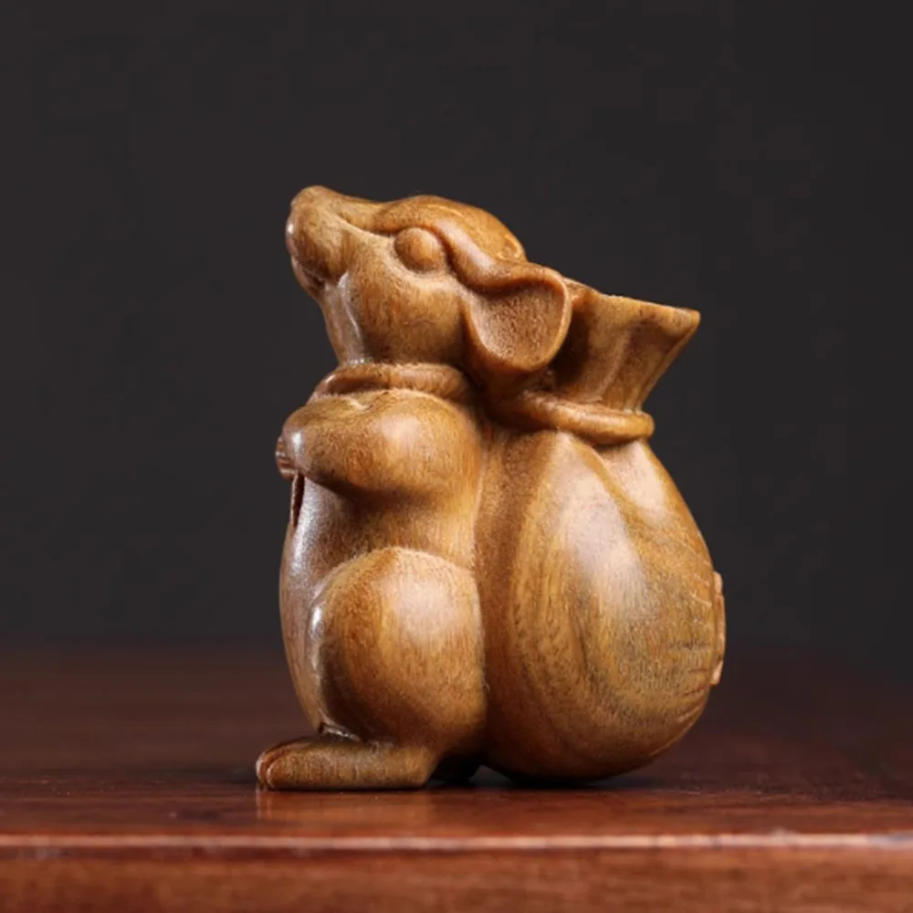 Y67, 2.2 INCH Green Sandalwood Hand Carved Netsuke Sculpture Miniature : Wealthy Mouse