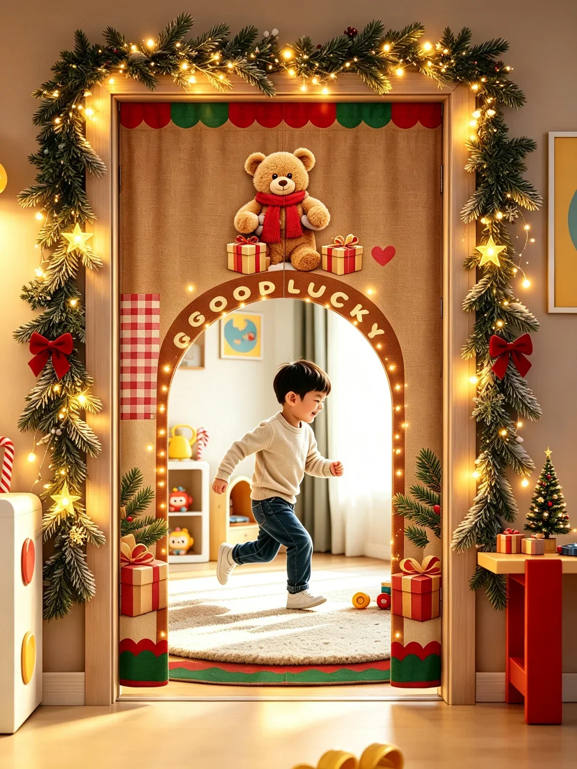 VIKAMA Christmas Teddy Bear Arched Half Door Curtain Kids Room Cotton Linen Short Curtain Privacy Partition Home Decor Bedroom