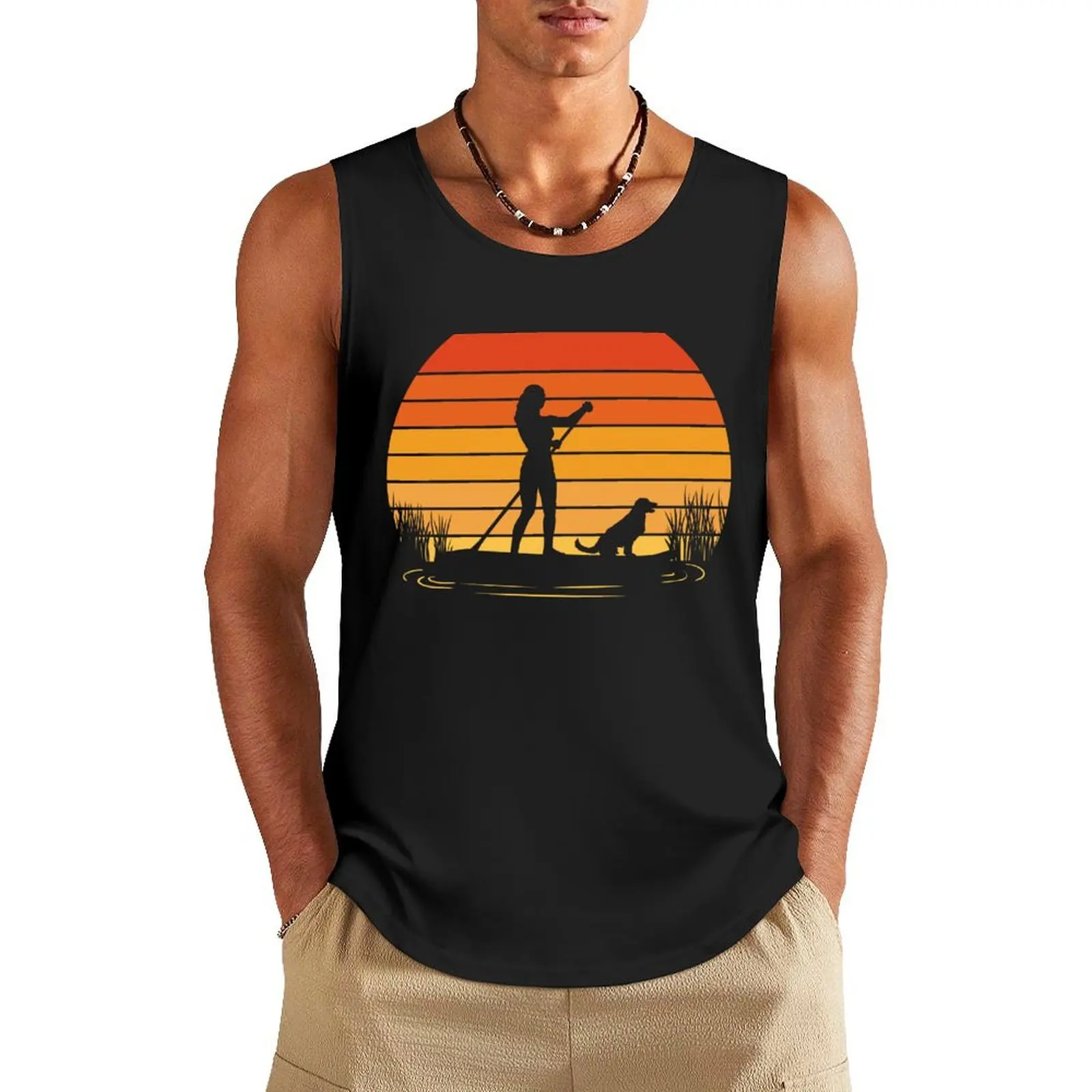 

Retro Stand Up Paddle Dog And Girl Tank Top Male vest gym shirt men training weight vest sleeveless man shirts