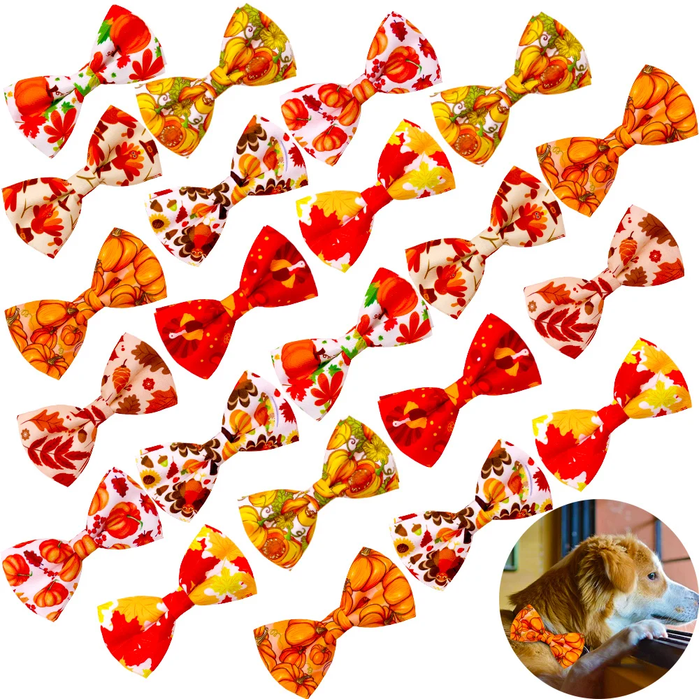20/40PCS Maple Leaf Print Dog Bow Ties For Thanksgiving Autumn Removable Dog Collars With Elastic Bands Pet Supplies For Dogs
