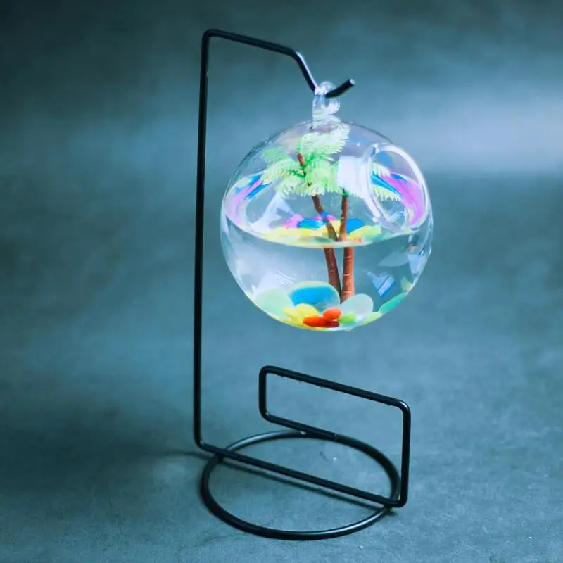 Round Shape Hanging Glass Aquarium Fish Tank Fish Bowl Transparent Vase Ornament With Rack Holder Home Decoration