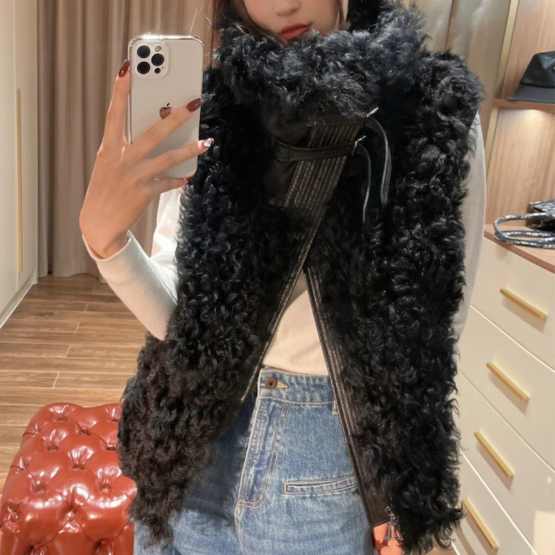 European Luxury Fur Jacket For Women 2022 Winter Genuine Tigrado Lamb Leather Fur One Sleeveless Vest Female Thicked Warm Gilet