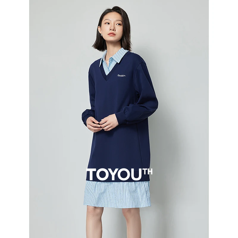 TOYOUTH Women Fake Two Piece Casual Dress 2024 Spring New Striped Contrast Color Long Sleeve Preppy Style H Shape Midi Dress