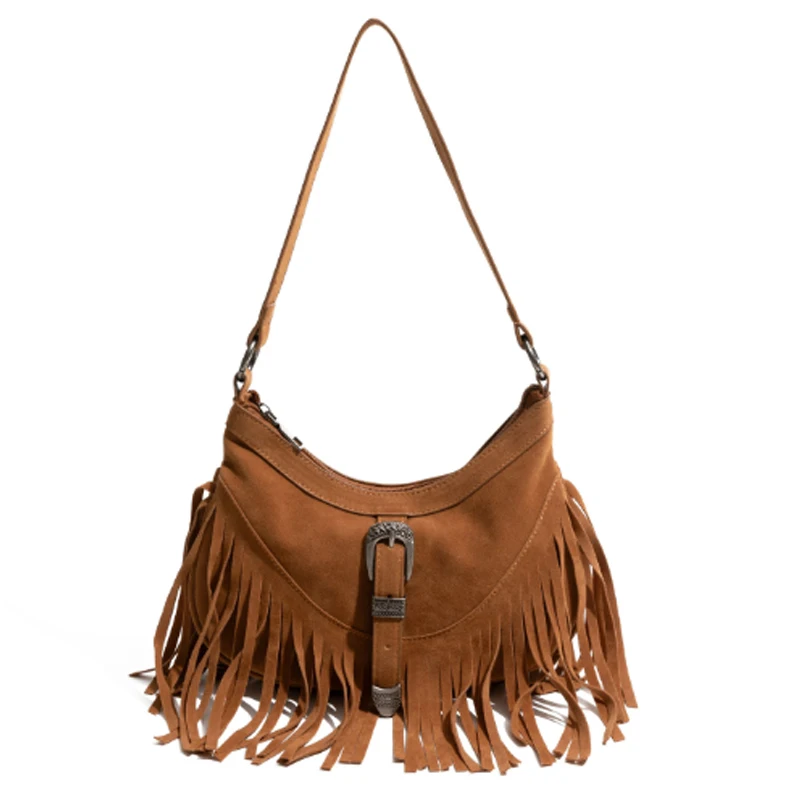 

Замшевая женская сумка в стиле ретро с бахромой, новинка 2025, сумка с пряжкой и ремешком, высококачественная сумка через плечо