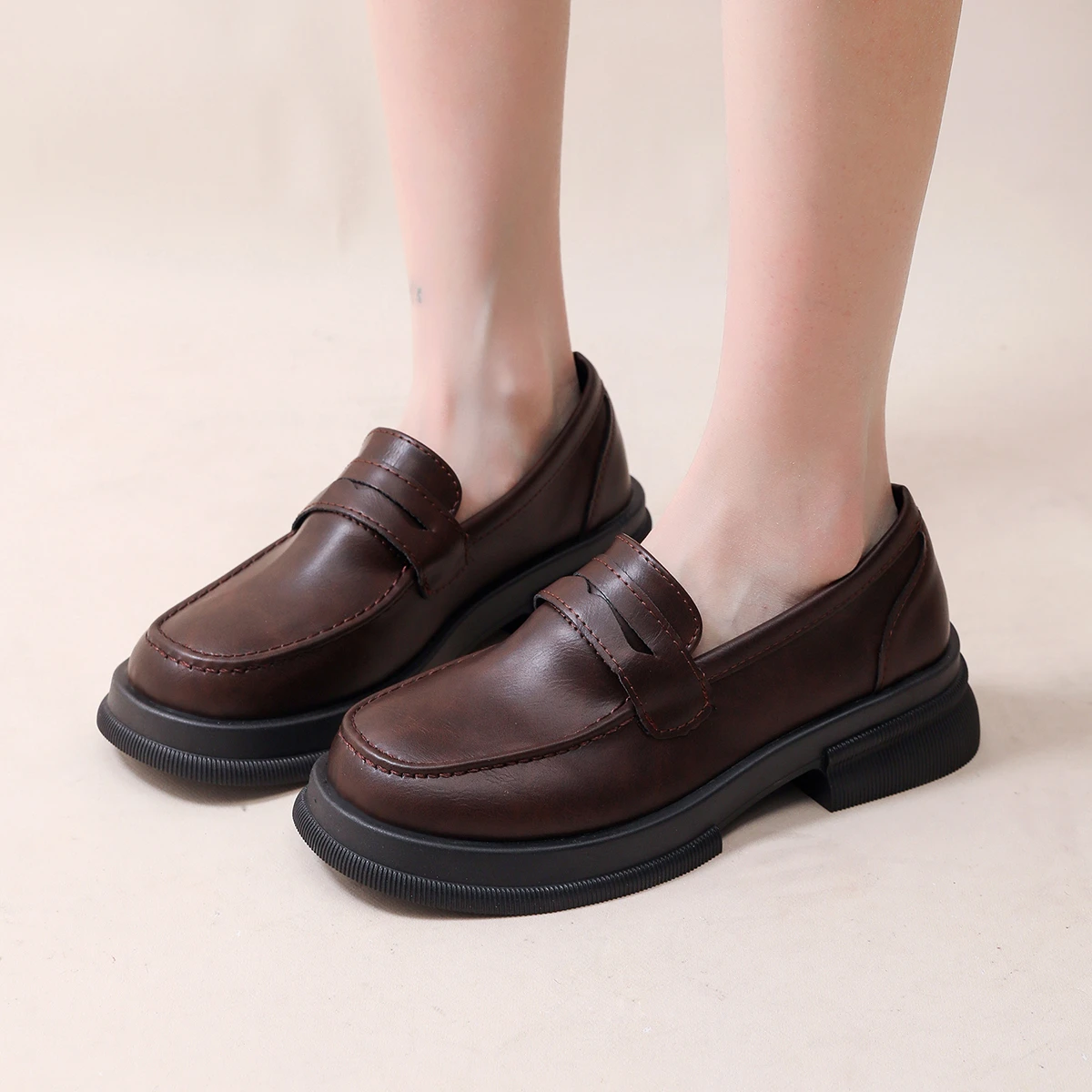 Fashion Shoes for Women Slip on Ladies Pumps Spring Autumn Round Toe Solid Profession Casual Chunky Heels Comfortable Loafers