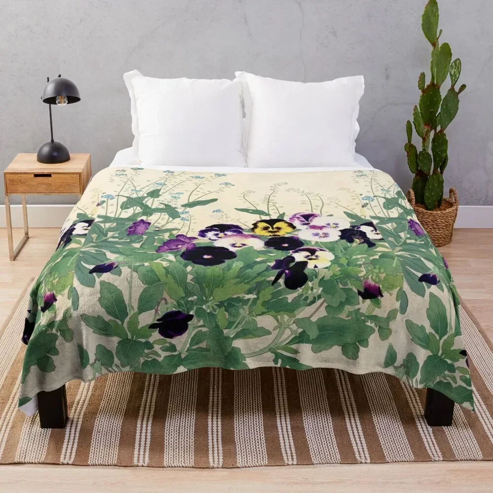 PANSIES AND GREEN LEAVES Antique Japanese Floral Throw Blanket Decoratives cosplay anime Large Blankets