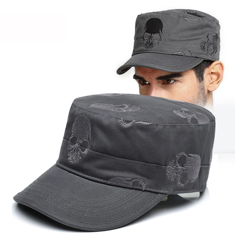 2022 Large Big Size Male Army Hat Cool Men Outdoor Casual Skull Embroidered Personality Leisure Flat Cap