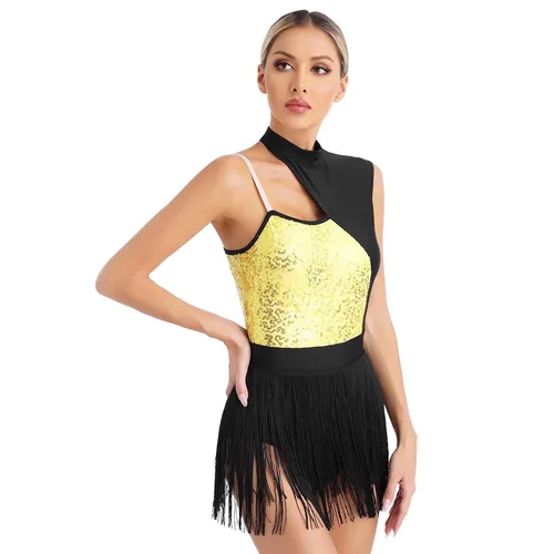 Imagen 2 del producto Mujer moderno Jazz latino Samba Rumba Salsa traje de baile lentejuelas Halter un hombro Ballet leotardo faldas con borlas