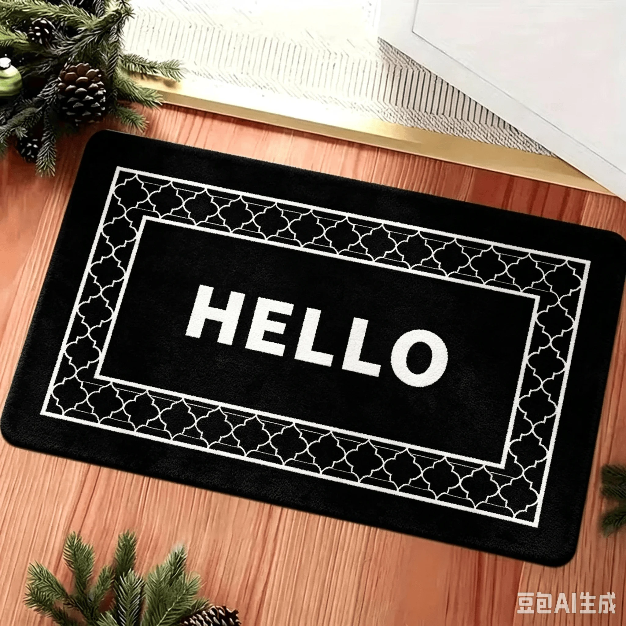Geometric Frame HELLO Letter Printed Household Entry Doormat Rectangle Soft Water‑absorbing Floor Modern Simple Indoor Entrance