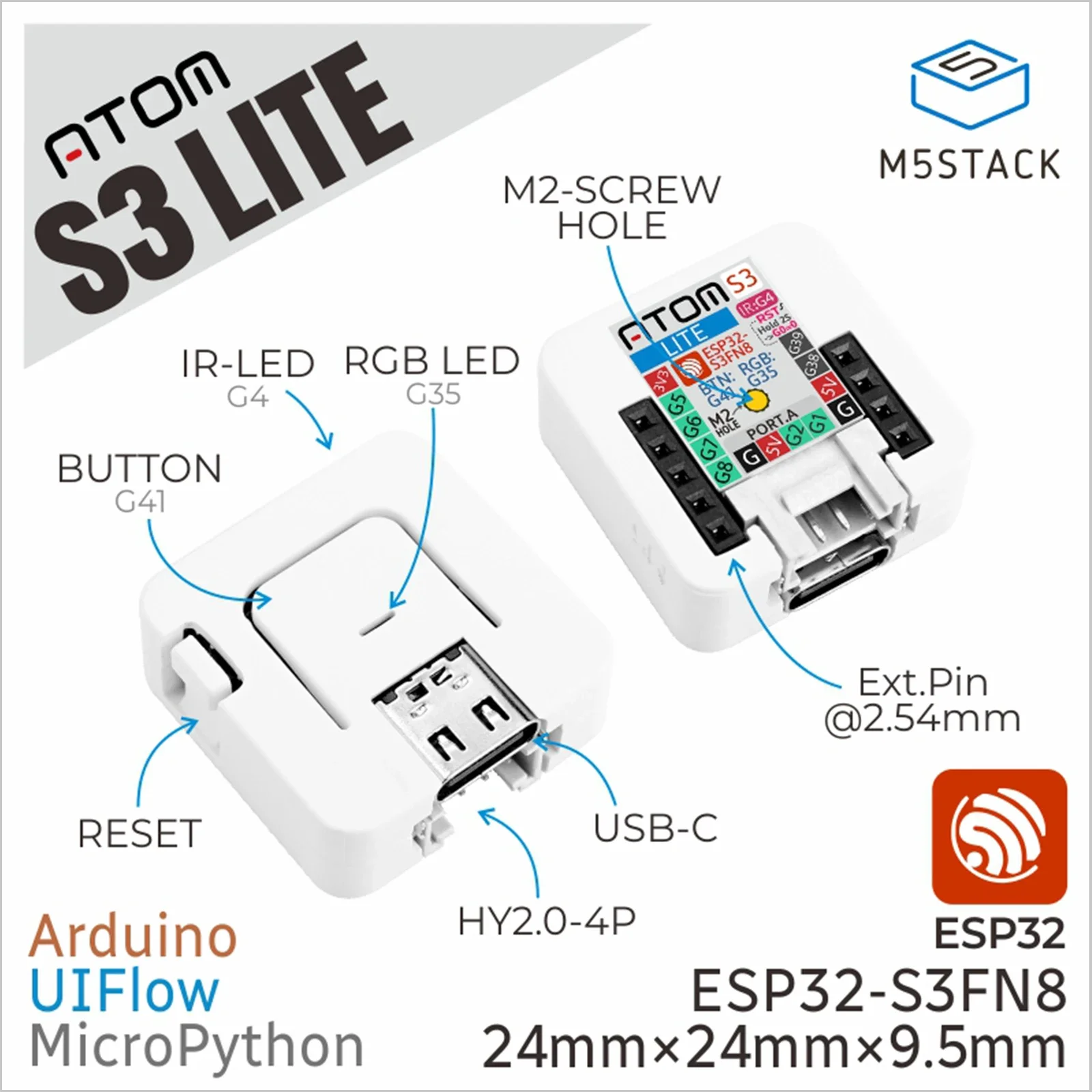 M5Stack AtomS3-Lite ESP32-S3 Mini IoT Development Board WiFi IR Infrared RGB LED Programmable Button GPIO Arduino