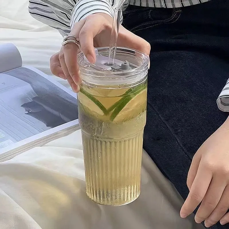 600ml Stripe Glass Cup Transparent Glasses With Lid and Straw Drinking Glasses Coffee Mug Juice Milk Tea Water Cups Drinkware