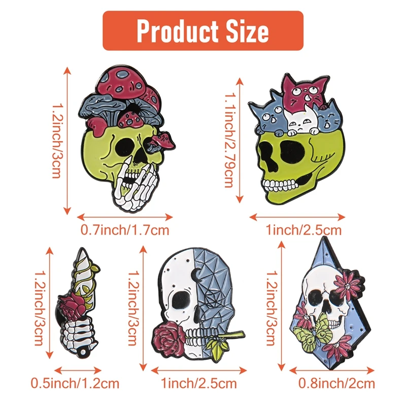 Juego de 5 alfileres esmaltados de piezas para mochila y chaquetas, broches con forma de Calavera, planta gótica, cuchillo, rosa, mariposa, gato