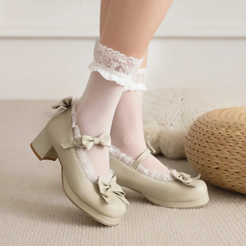 Women Block Heel Bow Mary Janes Ankle Strap Pumps Lolita Shoes Closed Toe Comfort School Girls Dress Party JK Cosplay Lace Edge