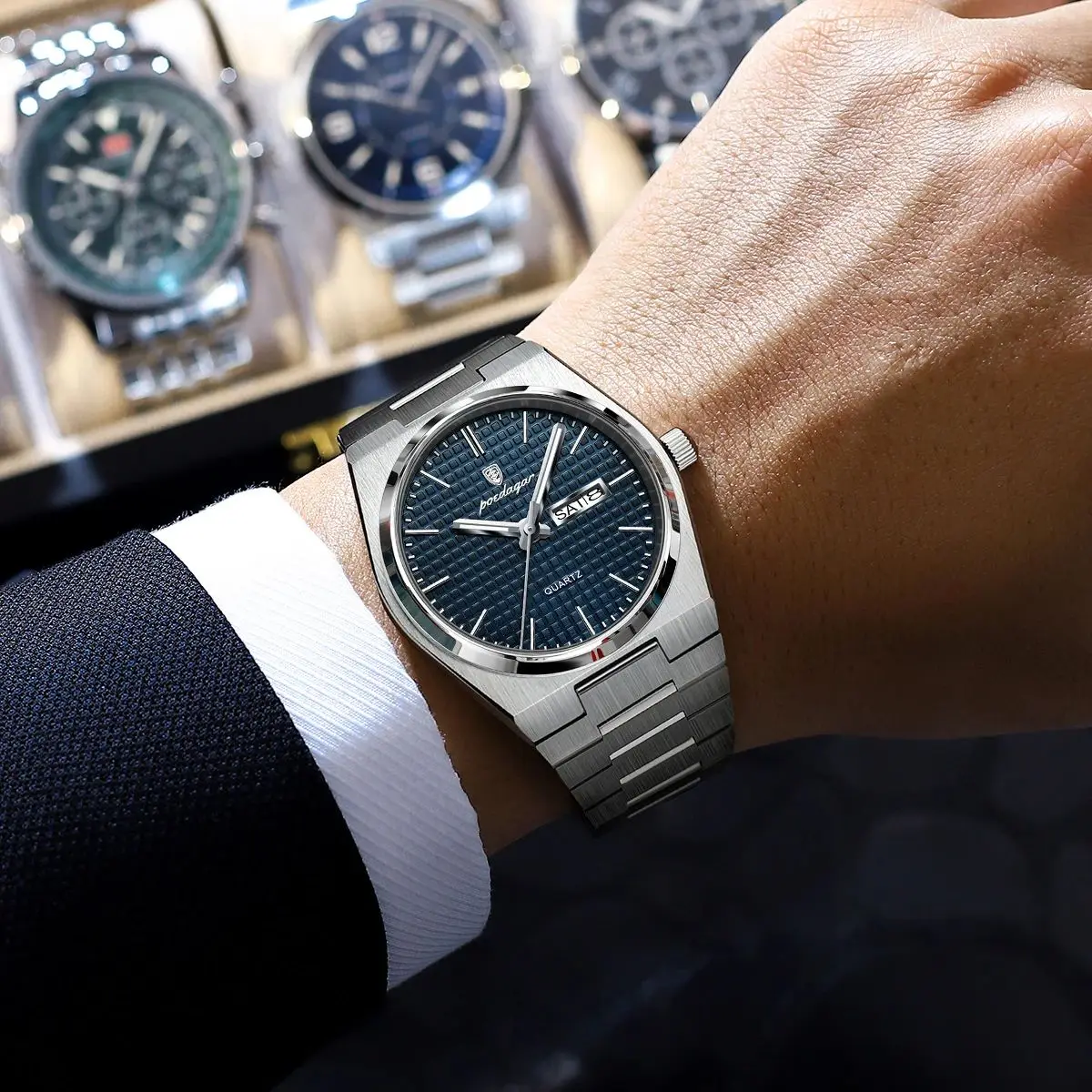 POEDAGAR оригинальные мужские часы светящиеся водонепроницаемые мужские наручные часы из нержавеющей стали дата неделя кварцевые деловые мужские часы + подарочная коробка