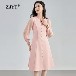 ZJYT Autumn New 2024 Elegant Dresses for Women Designer Pleated Long Sleeves Patchwork Aline Casual Dress Pink Vestidos Female