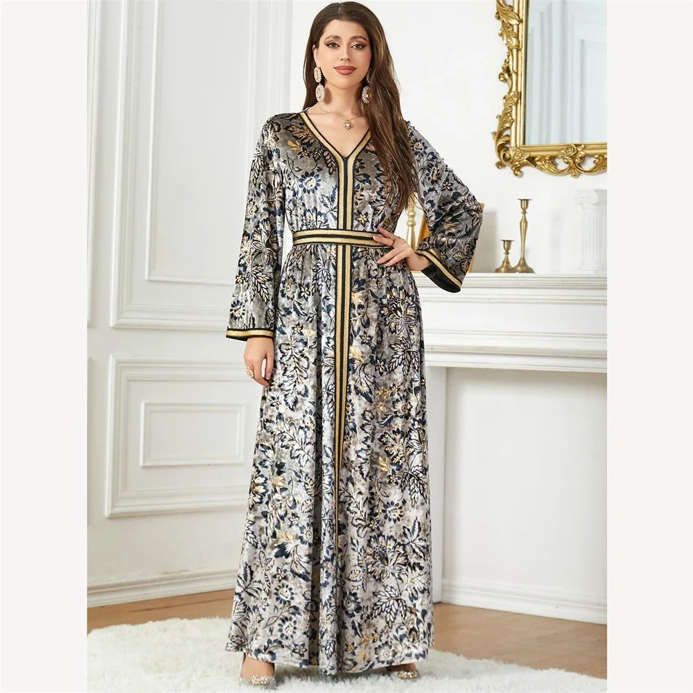 Vestido musulmán de terciopelo para mujer Abaya con dobladillo dividido estampado Floral Marruecos Vestidos de fiesta Kaftan Turquía árabe largo bata Vestidos