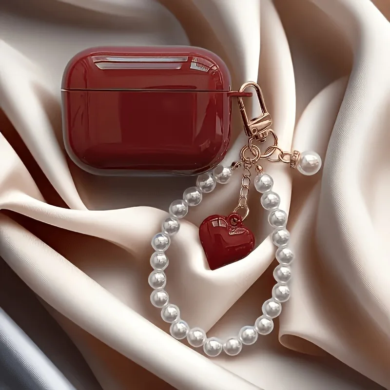 Luxury Pearl Chain Heart Case For AirPods Pro 2 Pro 3 Pro Earphone Case for AirPods 5 4 3 2 1 Wine Red Glossy Protective Cover