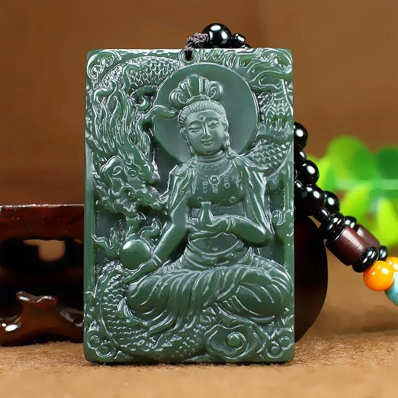 

Mai Chuang/Hand Carved/ He Tian Cyan Jade Ride The Dragon Guanyin Necklace Pendant Fashion Elegant Jewelry Men Women Couple Gift