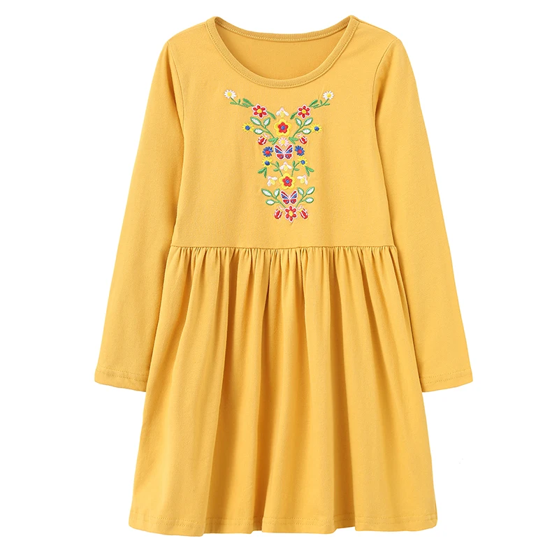 Jumping Meters 4-8T Autumn Spring Princess Girls Dresses Floral Embroidery Hot Selling Baby Clothing Long Sleeve Kids Frock