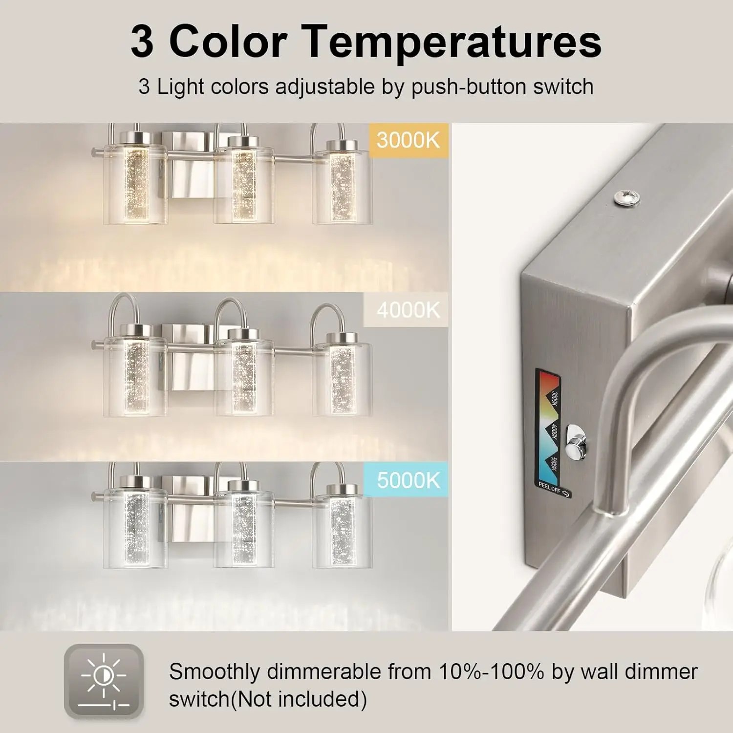 Lámparas de baño de níquel cepillado con 3 luces, luces de tocador, cristal de burbujas, regulable, aplique de pared con 3 temperaturas de Color