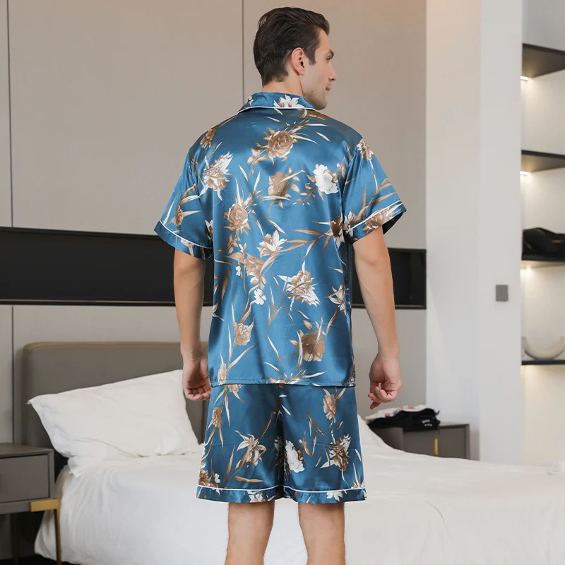 Men's pajamas short sleeved summer ice silk home clothing men's summer casual thin cardigan can be worn as a set home clothing