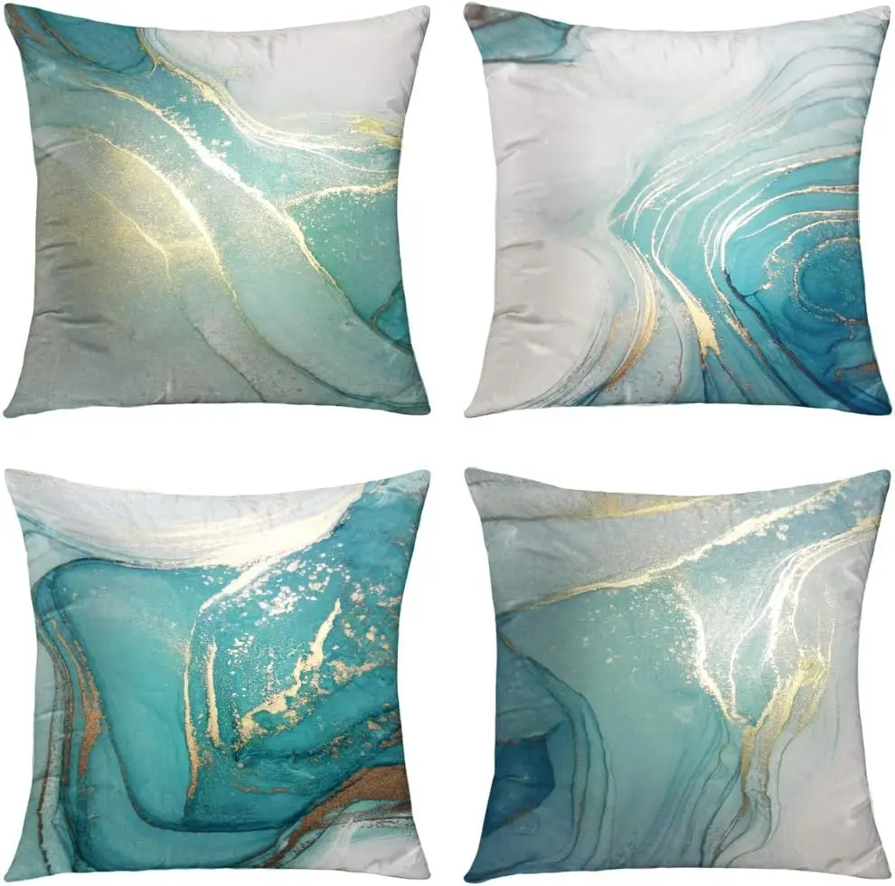 

Marble Texture Turquoise and Gold Silver Decorative Throw Pillow Covers Luxury Abstract Fluid Art Ink Soft Velvet Pillow Case Sq