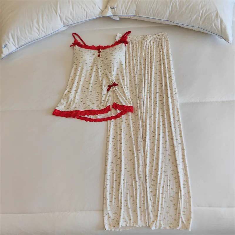 Summer Sleeveless Camisole Trousers Sets Chest Pad Sexy Home Suit Sleepwear Two-piece Pajamas Women Nightwear Home Clothing 4