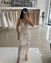 White Crystals Midi Long Prom Dress Beaded Formal Occasion Gowns Women Wedding Party Night Dress Sleeveless Ankle Length