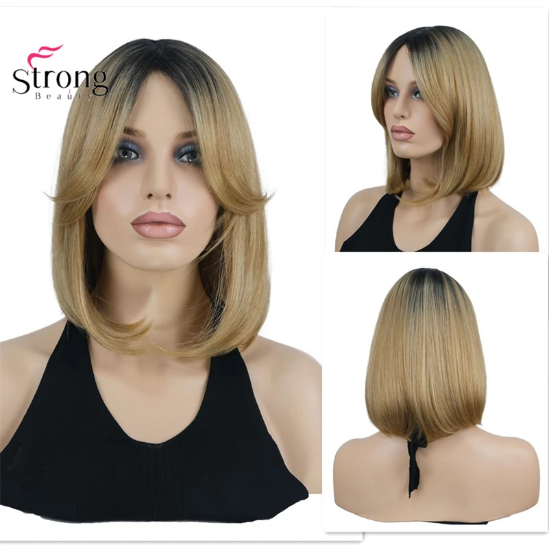 

Shoulder Length Soft Shag Ombre Golden Blonde Synthetic Hair Wigs for Women Center Part Bob Wig