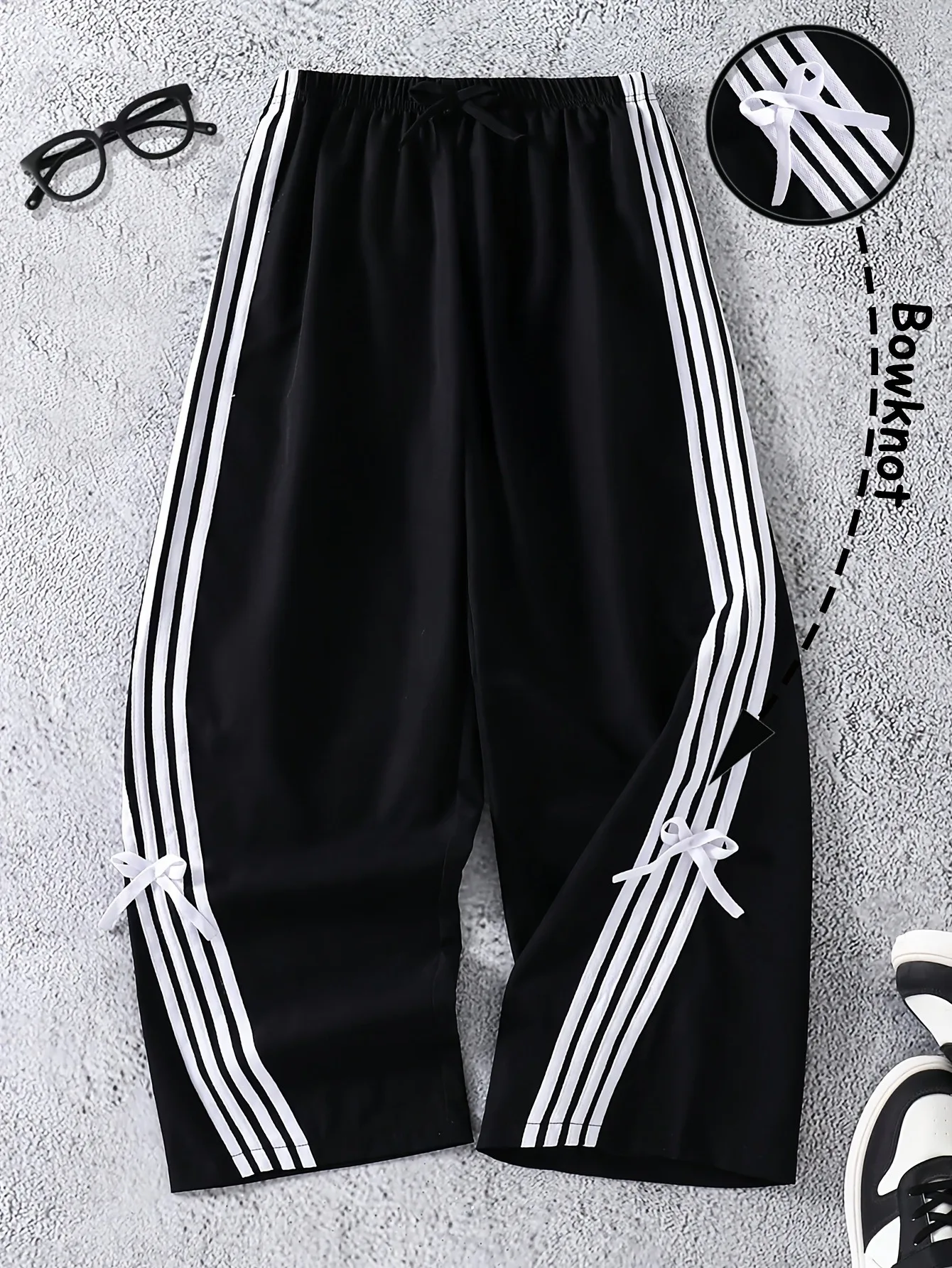 Fashion Girls Bow Knot Striped Wide Leg Pants Elastic Drawstring Waist Kids Hip Hop Street Casual Dance Sport Trousers